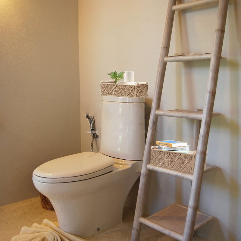 HOSROOME Macrame Storage Basket Boho Decor Baskets for Organizing Woven Decorative Basket for Countertop Toilet Paper Basket for Toilet Tank Top Shelf Basket with Handle for Bathroom Decor Nursery (Set of 2) - Image 4